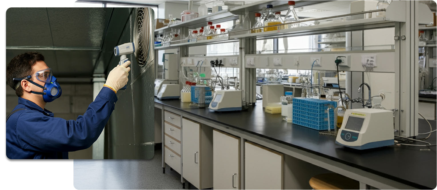 Técnico especializado midiendo condiciones ambientales en laboratorio para garantizar estándares de higiene y seguridad.